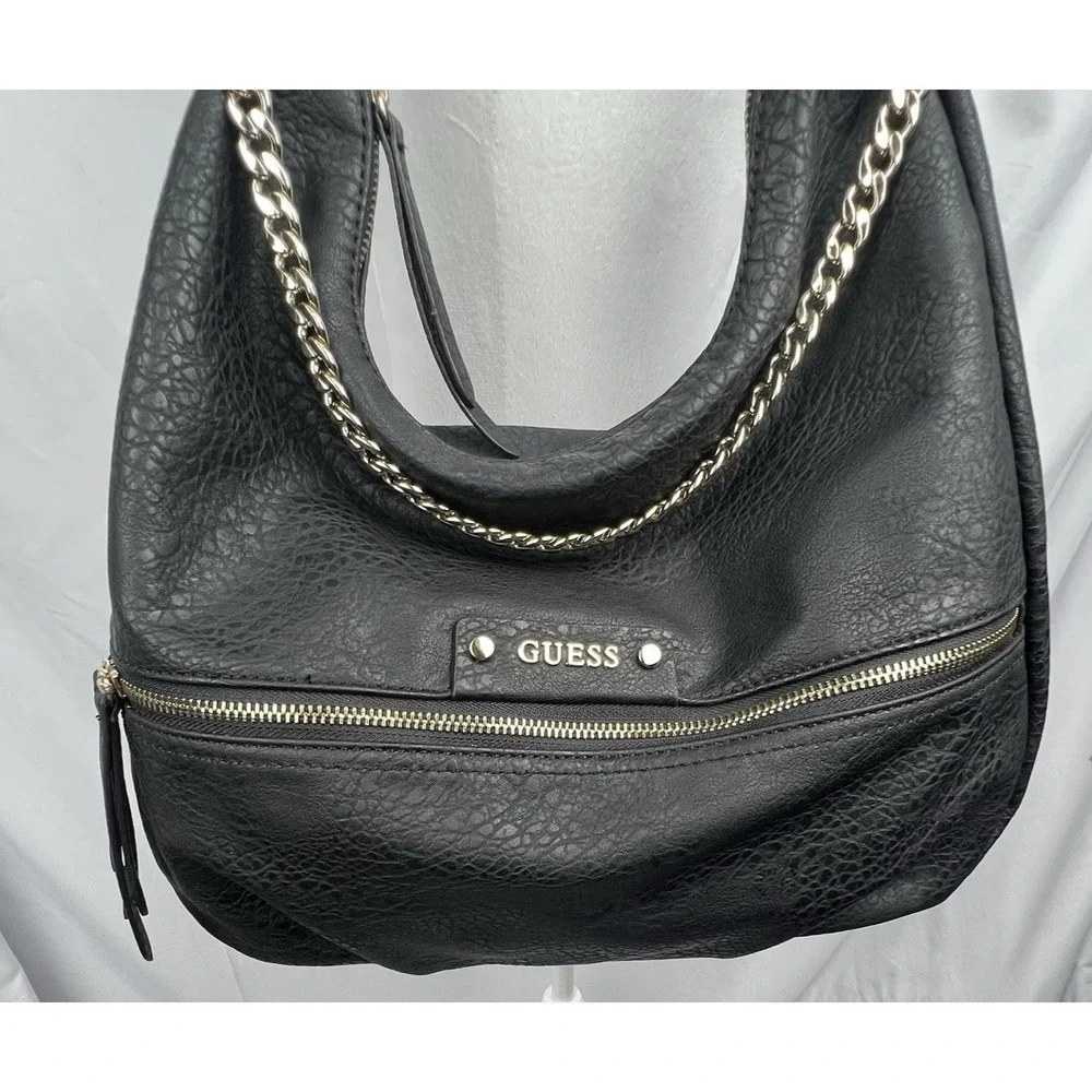 GUESS Black Hobo Shoulder Bag Gold Chain Accent Pebbled Leather Large Zip Purse